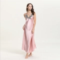 Elegant long pink satin nightgown for women with V-neckline and grey lace trim detail - M / Lotus Pink