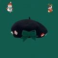 Elegant black wool beret with a large green festive bow and Christmas-themed charms - Large Bow Style / Black