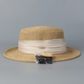 Close-up of beige boater hat showing pleated ribbon, gold logo and UPF 50+ sun protection tag - M(56-58cm) / Beige