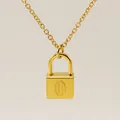 Gold chain necklace with a polished rectangular lock pendant featuring letter engraving - Letter O Style
