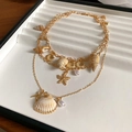 Collar de capas doradas con conchas, estrellas de mar y perlas en bandeja - Juego de Collar con Colgante de Borla de Caracol Concha Estrella de Mar Perla de Metal Dorado (3 Piezas)