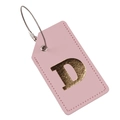 Pink PU leather luggage tag with golden letter D and durable steel wire loop fastener - Letter D