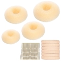 Beige sponge bun maker set with gold U-shaped pins and elastic hair ties on white background - 30-Piece Beige Set / Beige