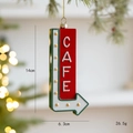 Retro CAFE sign Christmas ornament in red and white hanging on a festive tree branch - Cafe Sign