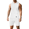 Heren set bestaande uit mouwloos vest met capuchon en korte broek in witte jacquard stof - S / Wit