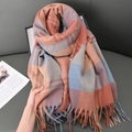 Écharpe en faux cachemire à carreaux orange et bleu avec détails de franges doux - 67-180CM / Bleu Gingembre
