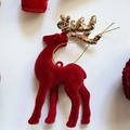 Red velvet Christmas reindeer ornament with gold glitter antlers and hanging string - Burgundy Gold Reindeer