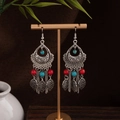 Detail of vintage bohemian earrings with blue beads and metal leaf tassel on gold stand - Antique Silver Blue Beaded Multi-Layer Chain Tassel Style (E7665)