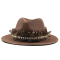 Brown straw jazz hat with dark feathers and silver skull bead trim on a white background - M (56-58cm) / Brown