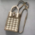 Brown and beige houndstooth knitted tote bag with round beige handles and purple snap button - Two-Tone Houndstooth Khaki