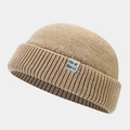Detailed close-up of khaki knitted docker hat featuring a textile label and rolled edge - M (56-58cm) / Beige