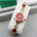 Luxury gold women's quartz bracelet watch with red heart gems and sparkling rhinestones - Rose Gold Red