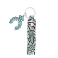 Bohemian leather keychain with turquoise horseshoe pendant and embossed blue strap - Horseshoe Turquoise / Teal Leather