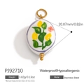 Stainless steel round pendant featuring yellow and green floral patterns with orange flower - PJ92710-Yellow Flower Round Charm
