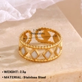 Adjustable golden stainless steel ring with white diamond-shaped enamel inlay and beaded edge - Hollow Rhombus Style