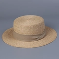 Detail of premium raffia straw boater hat featuring natural woven texture and decorative band - M (56-58cm Adjustable) / Khaki Ribbon