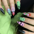Uñas postizas de Halloween forma almendra con diseños de telaraña, monstruo de ojos y murciélago - Modelo con pegamento (Y-346)