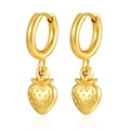 Detail of 18K gold-plated strawberry pendant earrings with textured surface and hoop - Strawberry (MS-689) / Gold