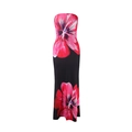 Detailweergave van roze hibiscuspatronen op een slanke zwarte strapless maxi-jurk - S / Zwart rozerood