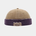 Berretto docker vintage bicolore kaki e viola con toppa ricamata e bordi sfilacciati - Regolabile / Cachi/Viola Patchwork