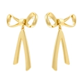 Elegant gold bow ribbon drop earrings with minimalist polished geometric metal design - VE1265 Gold Long Ribbon Bow Dangle Earrings