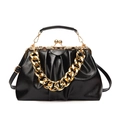 Retro black pleated oil leather handbag with vintage gold floral kiss lock and chain - Black
