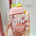 Cute pink 550ml kids water bottle with bear ears straw lid and crossbody strap - 550ml / Pink