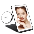 Portable black LED travel makeup mirror with foldable stand and a 10X magnifying accessory - 10X Magnifier / Black