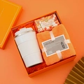 Business gift set featuring white thermos, handmade soap, and orange towel in elegant box - [Vitality Orange] Cup + Soap + Towel