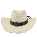 Panama straw hat with pink gradient edges and a metal bull head buckle decoration - Pentagram Bull Head With Wind Rope Style / Cream