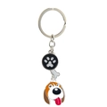 Metal beagle dog keychain with silver ring, black paw print, and white bone pendant - Beagle Dog