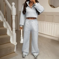 Light gray two-piece tracksuit featuring half-zip hoodie and drawstring wide-leg pants - S / Light Gray