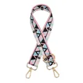 Detail of adjustable woven bag strap with pink and blue geometric patterns and gold hooks - No.20 Geometric Patchwork Gold Buckle