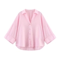 Pink V-neck cotton linen shirt with three-quarter folded sleeves and curved hemline - S / Pink