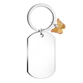 Polished stainless steel keychain with rectangular military tag and orange butterfly charm - Yellow Butterfly