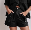 Schwarzes Damen-Denim-Set mit High-Waist-Shorts und funktionalen Cargo-Taschen im Retro-Look - L / Unterteile / Schwarz