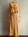Front view of light orange cotton linen two-piece set with pleated sleeveless bow-tie top - Dusty Pink Set