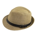 Classic light khaki straw fedora hat for men with a black faux leather buckled band - 58cm (Adjustable) / Khaki with Black Belt