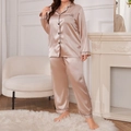 Plus size women silk satin pajama set in champagne gold with black piping trim - 3XL / Champagne