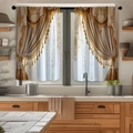Detailed view of kitchen curtains with elegant gold tassels and valance on a window - 1.6m x 1m (2 Pieces) / Beige Gold Embroidery