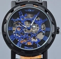 Montre mécanique Winner squelette noire avec chiffres romains bleus et bracelet cuir - Comme indiqué