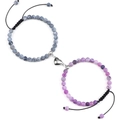Blue and purple zebra stone magnetic heart bracelets for couples with woven cord - Purple Weathered Agate + Grey Weathered Agate