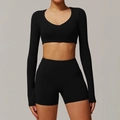 Ensemble de yoga noir deux pièces avec haut court à manches longues et short de sport - S / Haut Et Bas / Noir Premium (Manches Longues + Short)