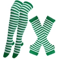 Green and white striped thigh high socks with matching arm warmer gloves set - One Size / Green and White Striped