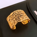 Golden wide hollow mesh cuff bangle with irregular cutout pattern on black leather - Gold Irregular Mesh Hollow Bangle