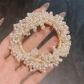 Elegant elastic pearl hair tie with cream white beads and golden woven strand - Small Rice Pearl Scrunchie