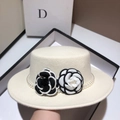 Elegant beige wool felt flat top hat with black camellia flowers and pearl trim - Adjustable / White