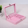 Pink velvet jewelry box with transparent lid showing rings and earrings storage slots - 20*15*5 / Pink