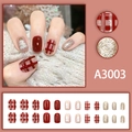 Short red Christmas checkerboard press-on nails set with 3D tree and glitter details - A3003 Glue Style