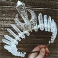 Handmade silver crystal crown with natural quartz pillars and hollow moon ornament - White